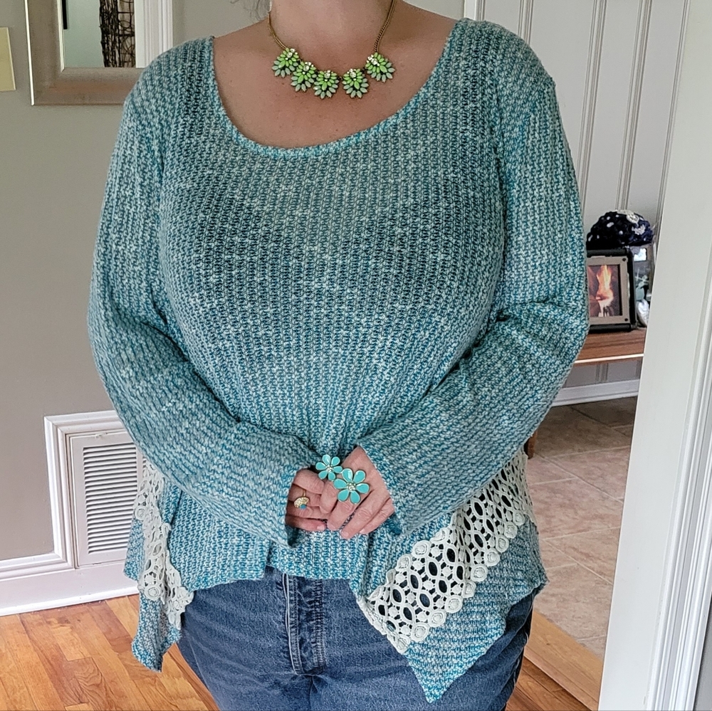 New Directions Sharkbite Waterfall Sweater blue Crochet Accent Plus Size 3X